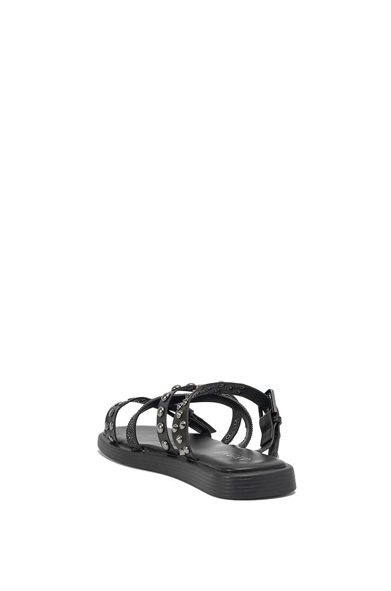 The AKIRA GOLD MANNING BLACK HARDWARE EMBELLISHED FLAT SANDAL features a black strappy design, silver hardware embellishments, and a buckle closure, displayed from the back on a white background. 5