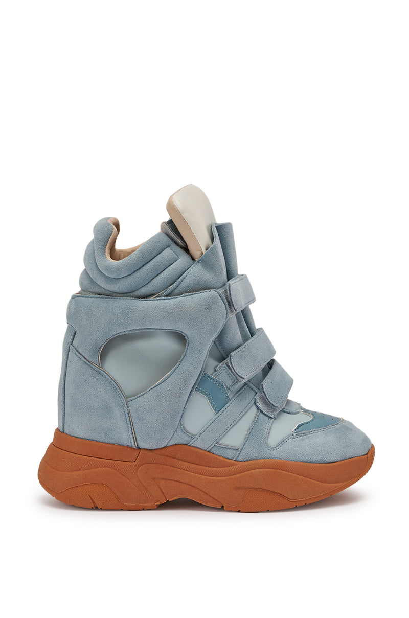 The MARANTO BLUE WEDGE FAUX SUEDE SNEAKER is a high-top streetwear shoe in light blue suede and mesh, with three velcro straps, a thick brown wedge sole, plus padded collar and tongue for comfort. 4