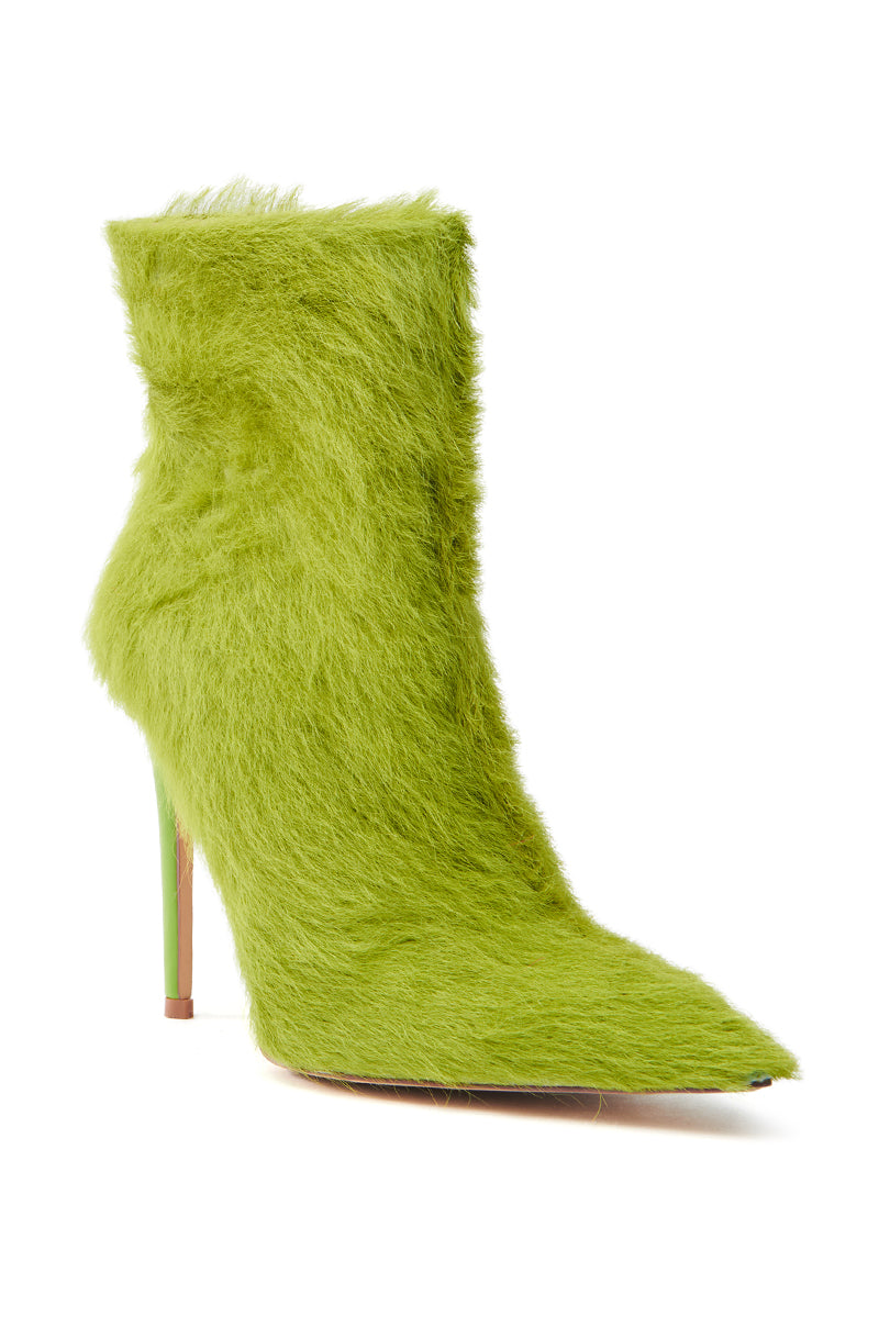 The AZALEA WANG MARIELLA GREEN HAIRY STILETTO BOOTIE is a vibrant green faux fur ankle bootie with a pointed toe and slender stiletto heel, featuring a fluffy, eye-catching texture.