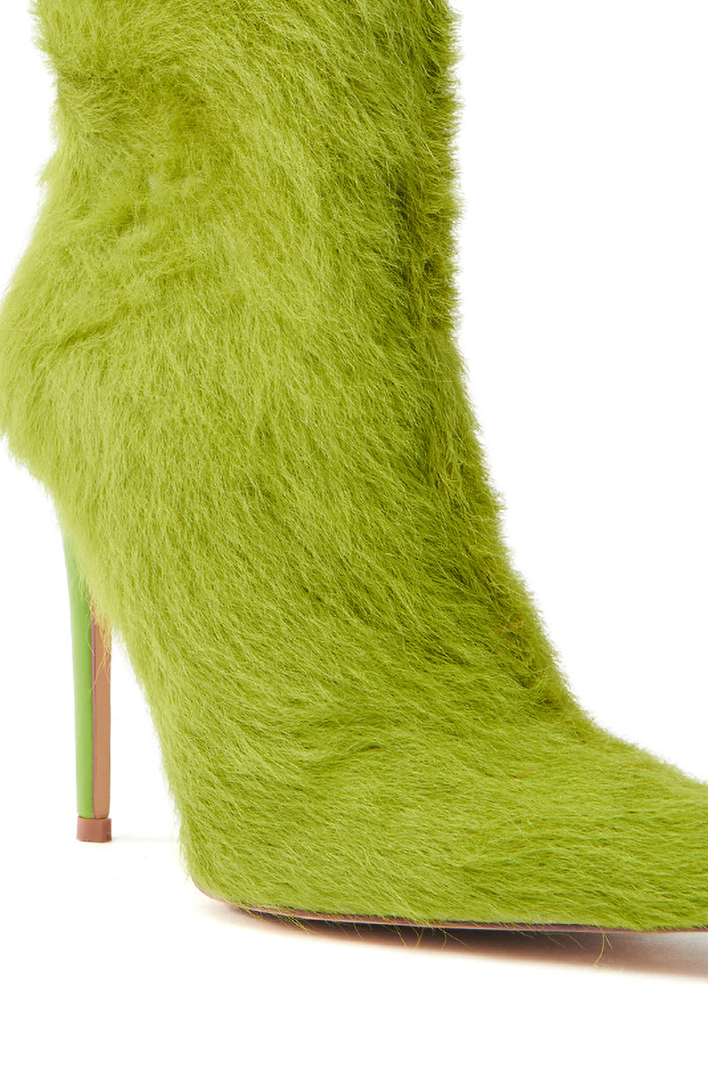The AZALEA WANG MARIELLA GREEN HAIRY STILETTO BOOTIE showcases vibrant green faux fur enveloping the ankle-high shaft, with a pointed toe stiletto and slender heel in matching lively green.