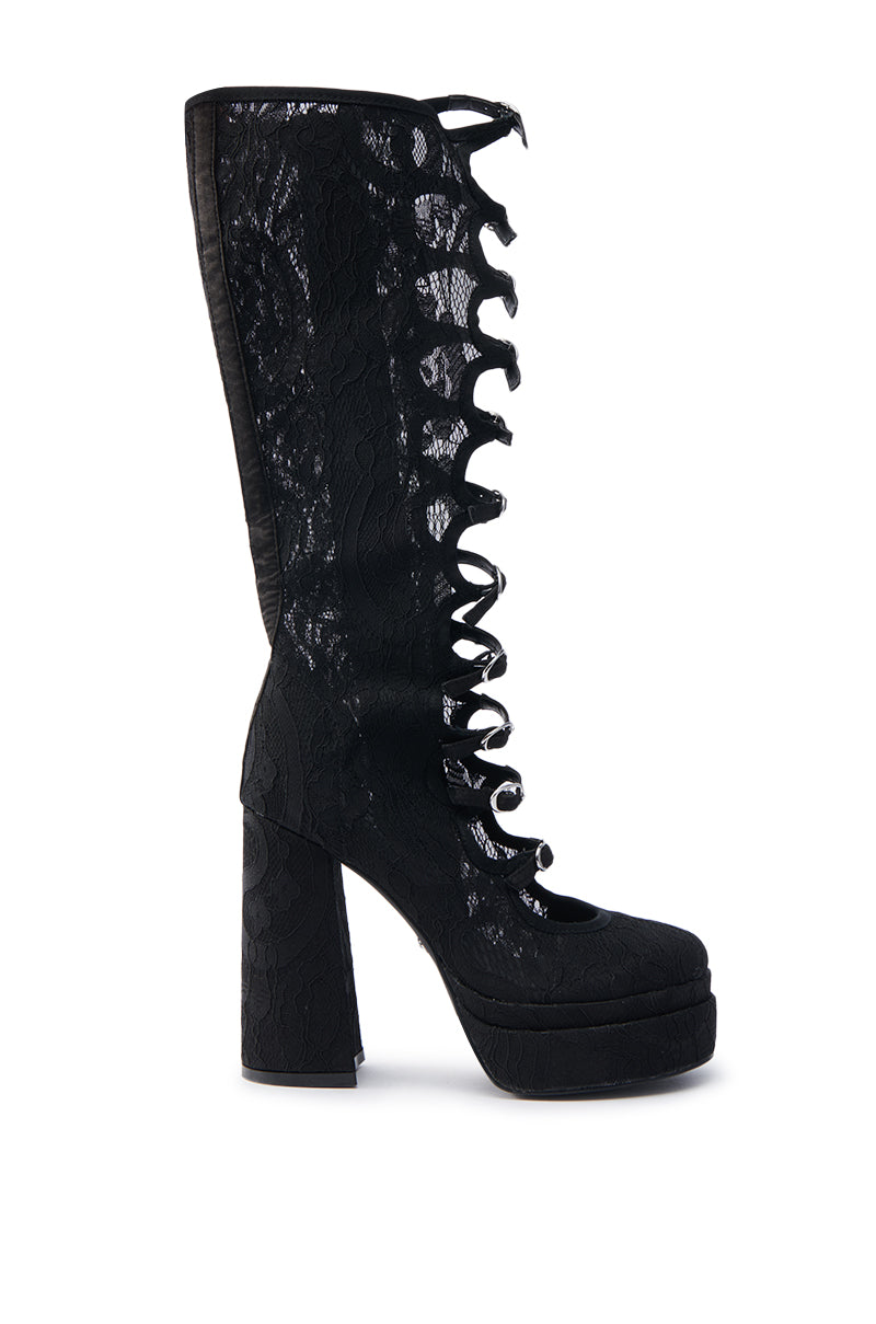 Introducing the AZALEA WANG MARRIGOLD BOOT IN BLACK LACE: a captivating knee-high boot featuring a platform heel, black lace overlay, chunky heel, lace-up detail, and rounded toe—where bold style meets delicate design.