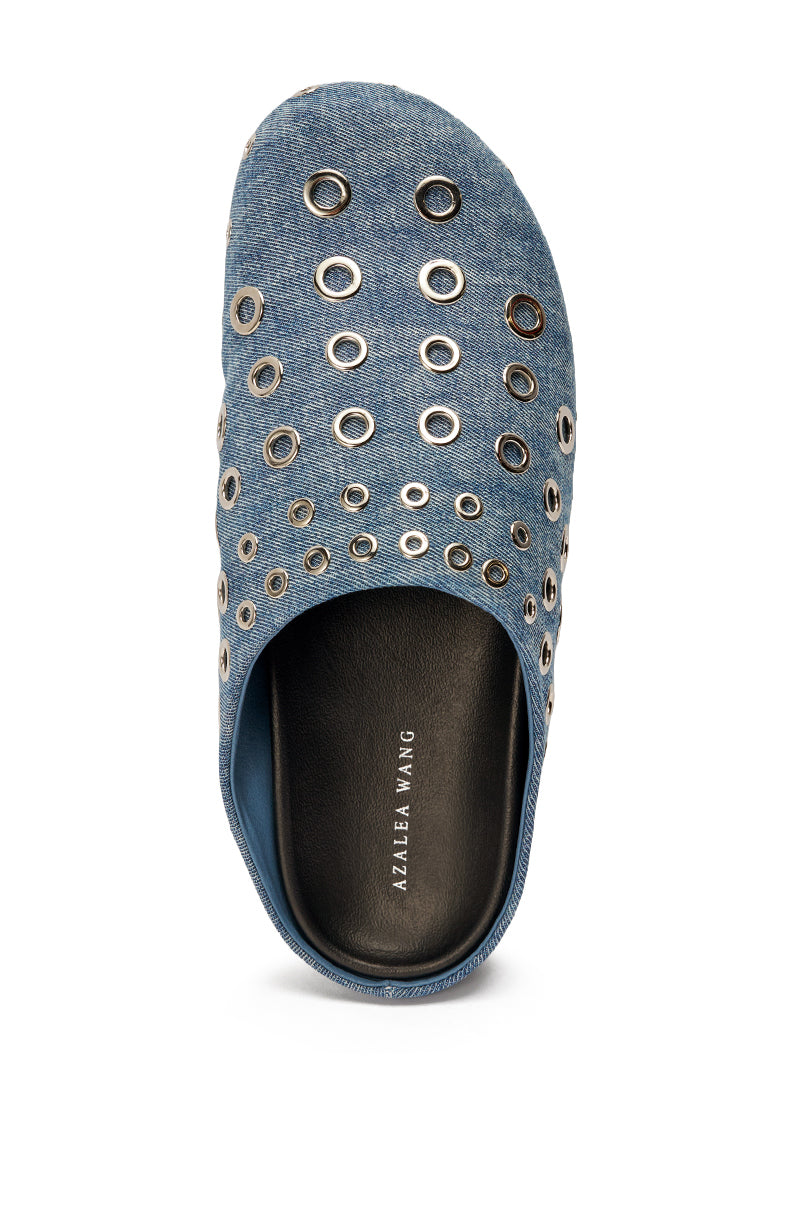 The AZALEA WANG MARSHA DENIM GROMMET DETAIL FLAT is a slip-on denim shoe with metallic eyelets across the top and a black insole labeled "AZALEA WANG" in white—ideal for street style enthusiasts. 3