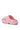 The AZALEA WANG MAVA PINK PEARL IRIDESCENT FLAT is a slip-on clog sandal with textured soles, an almond toe, jeweled snowflake charm, ventilation holes, pearl details, and an adjustable heel strap.