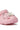 A close-up of the AZALEA WANG MAVA PINK PEARL IRIDESCENT FLAT shows its almond toe, light pink clog style, and upper adorned with a silver chain, faux pearls, rhinestones, and pearl embellishments.