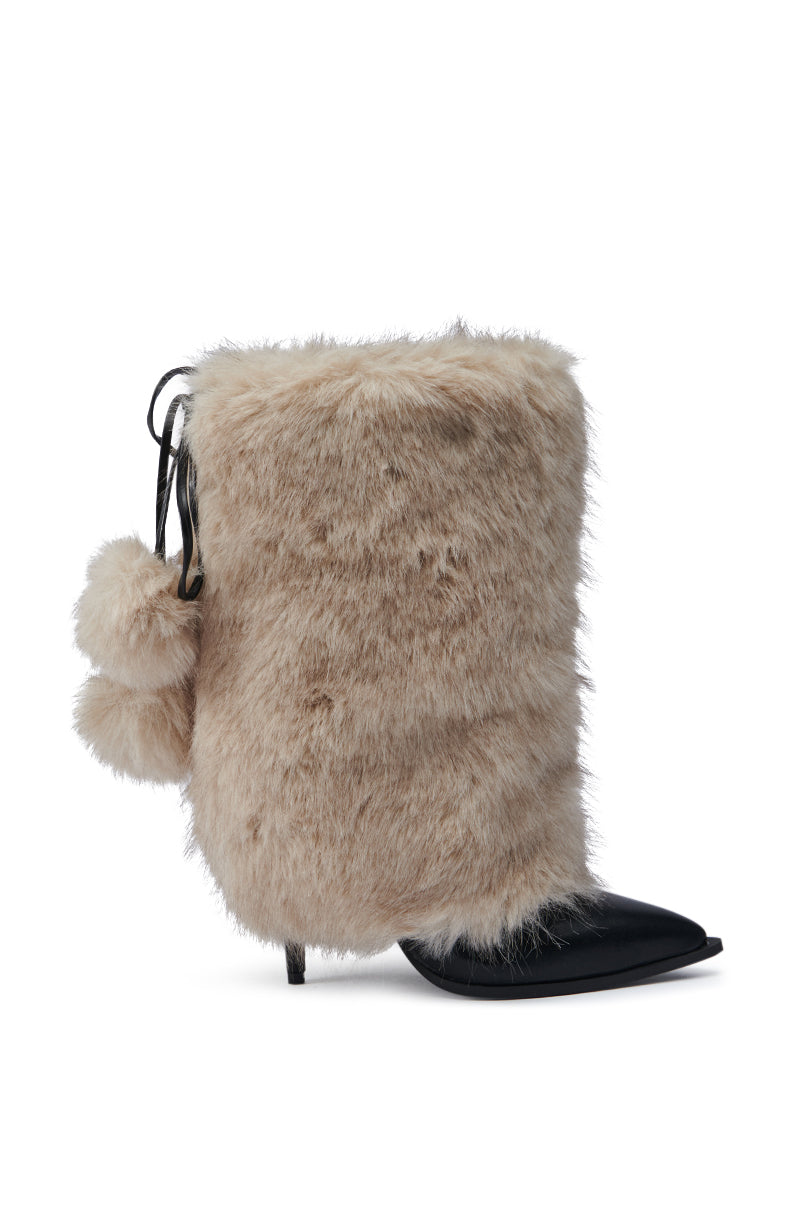 Introducing the AZALEA WANG MAYRA TAUPE BOOTIE: a chic faux leather bootie in light beige with a charming faux fur covering. This stylish footwear features a decorative pom-pom, a sleek black pointed toe, and is completed with a slim stiletto heel that gracefully reaches mid-calf for an elegant appearance.