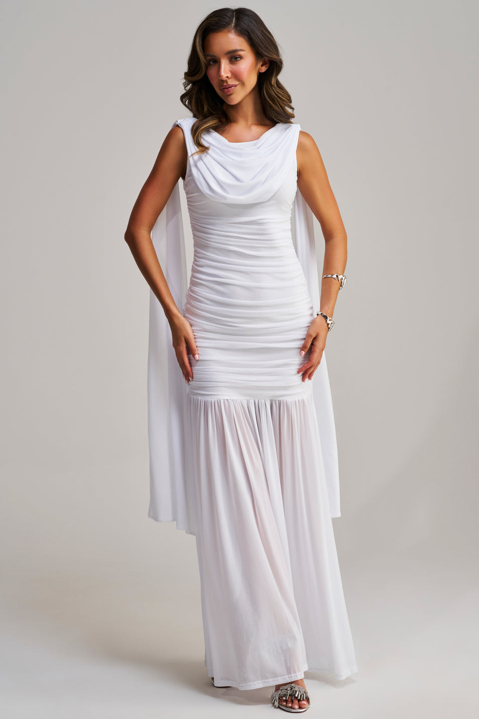 white dress flowing TRENDSETTER ENERGY LAYERED MAXI DRESS IN WHITE – AKIRA