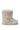 The MELANIE BEIGE FURRY BOOTIE features a fuzzy, cream-colored faux fur design with a soft, fluffy texture and a flat sole. Displayed from the side against a white background, this bootie includes a round toe.