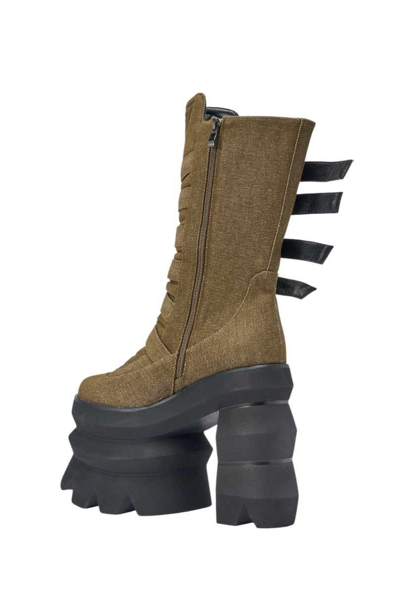 The AKIRA GOLD MENACING OLIVE BLOCK PLATFORM BOOTIE is an olive streetwear boot featuring a high block platform, thick jagged black sole, side zipper, and three black strap accents along the back. 5