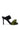 The AZALEA WANG MENES BLACK PUFF DETAIL SANDAL is a high-heeled mule with a rectangular stiletto heel, featuring two straps—one wide black and one olive green with a large fabric bow—shown on a white background.
