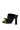 The AZALEA WANG MENES BLACK PUFF DETAIL SANDAL features a rectangular stiletto heel, black strap, olive green satin bow accent, and open toe design for a sleek, modern look.
