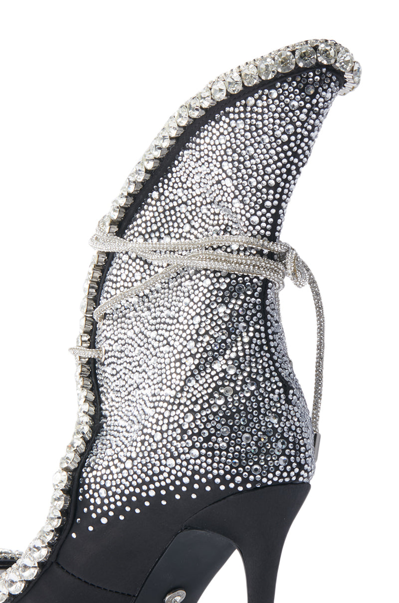 The AZALEA WANG MICAELA bootie dazzles with black and silver rhinestones, featuring an open toe and lace-up design.