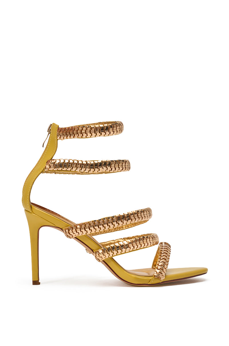 The AZALEA WANG MILA CITRON YELLOW sandal features gold hardware, embellished strappy design, back zipper, and faux leather stilettos—perfect party heels, shown in profile against a white background. 4