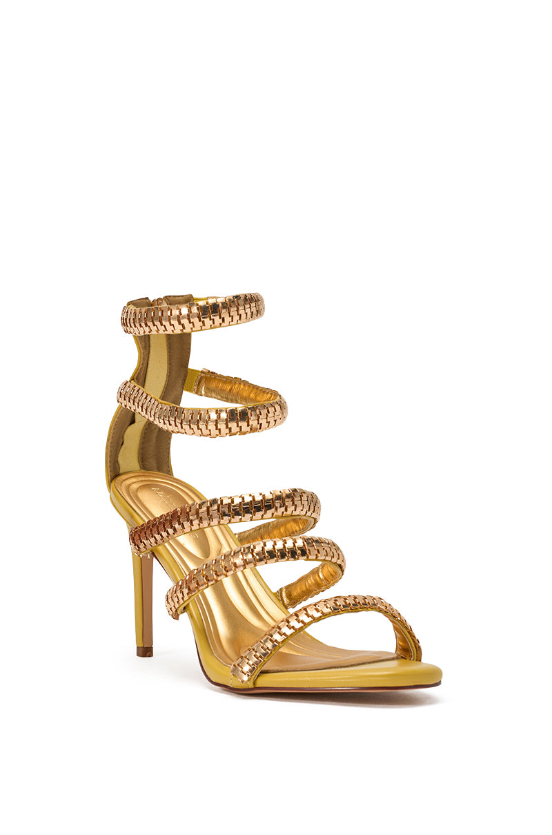 The AZALEA WANG MILA CITRON YELLOW GOLD HARDWARE EMBELLISHED STRAPPY STILETTO SANDAL features five jeweled straps and luxe faux leather, making it the perfect party heel, showcased elegantly on a white background. 5