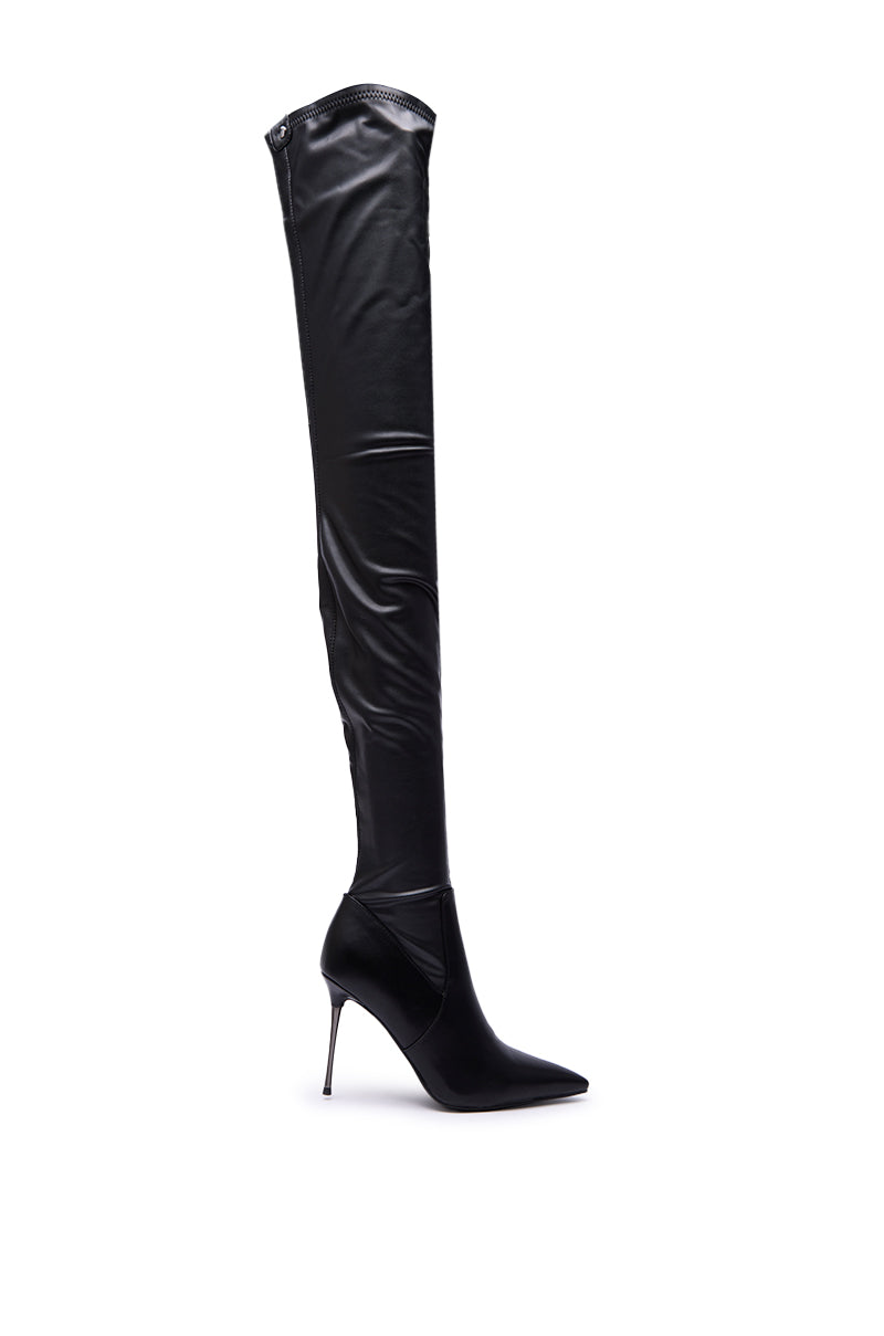 The AZALEA WANG MILANDRA BLACK THIGH HIGH SEXY BOOT features a black, shiny faux leather design with a pointed toe and slim stiletto heel, shown from the side against a white background.