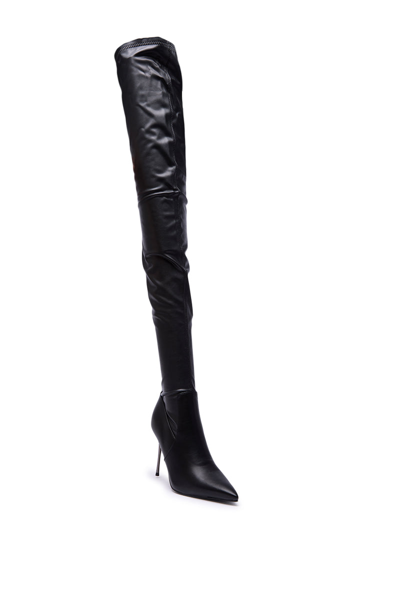 The AZALEA WANG MILANDRA BLACK THIGH HIGH SEXY BOOT is a single, black, over-the-knee stiletto with a pointed toe and high heel in shiny faux leather, shown against a white background.