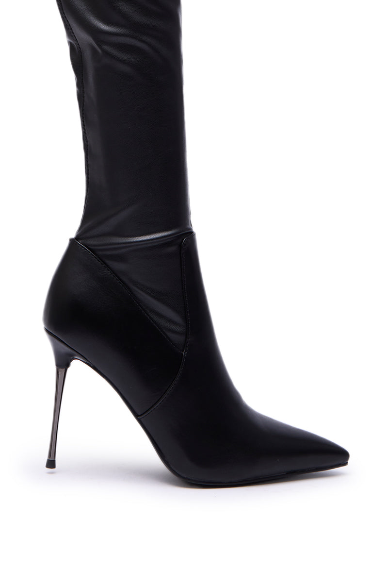The AZALEA WANG MILANDRA Black Thigh High Sexy Boot features a sleek, fitted faux leather design with pointed toe and stiletto heel, shown from the side against a white background.
