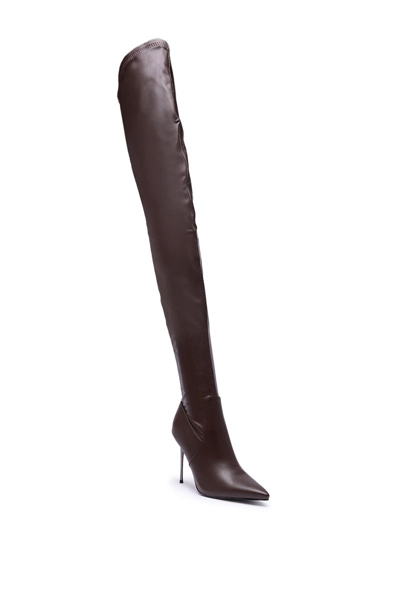 The AZALEA WANG MILANDRA CHOCOLATE THIGH HIGH SEXY BOOT is a dark brown, faux leather thigh-high with a pointed toe and stiletto heel, shown upright on a plain white background.