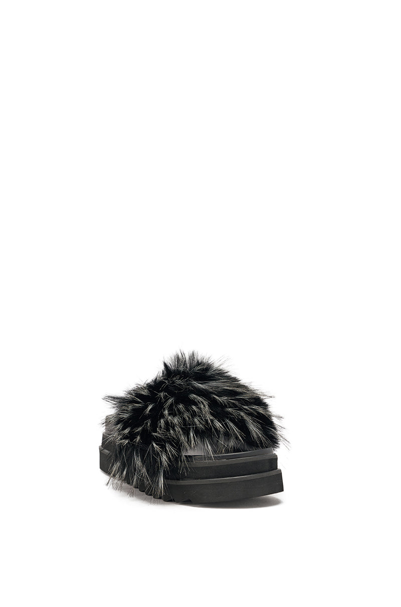 The AKIRA MIRAY BLACK MULTI BLACK FUR SLIDE features a single black platform sole with a thick, faux fur-lined strap, shown against a plain white background. 4