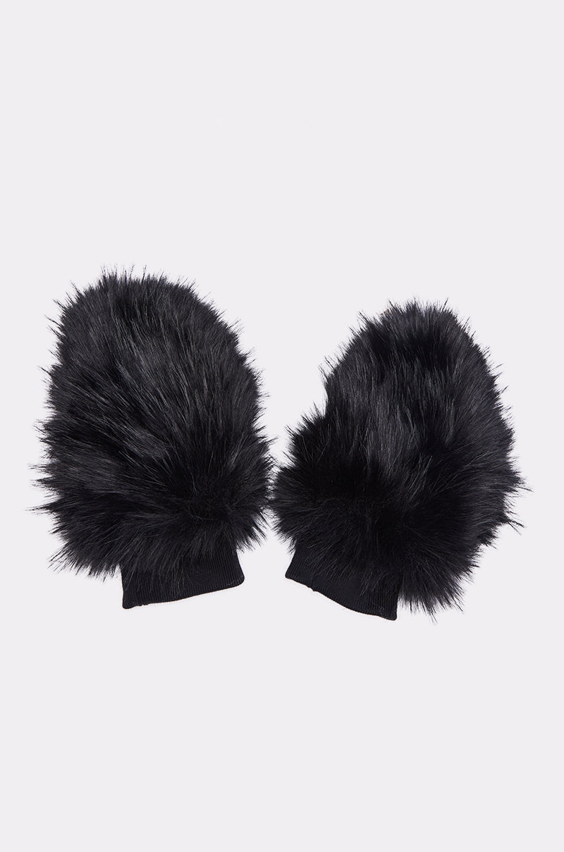 IN THE NIGHT FAUX FUR MITTENS are black, soft, and fluffy—displayed side by side on a white background—perfect for bringing cozy style to your winter wardrobe. 1