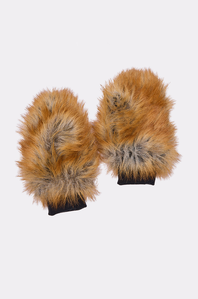 The REALLY LIKE THAT FAUX FUR MITTENS, in brown and black with black cuffs, add warmth and style to your winter wardrobe; shown on a plain white background. 4