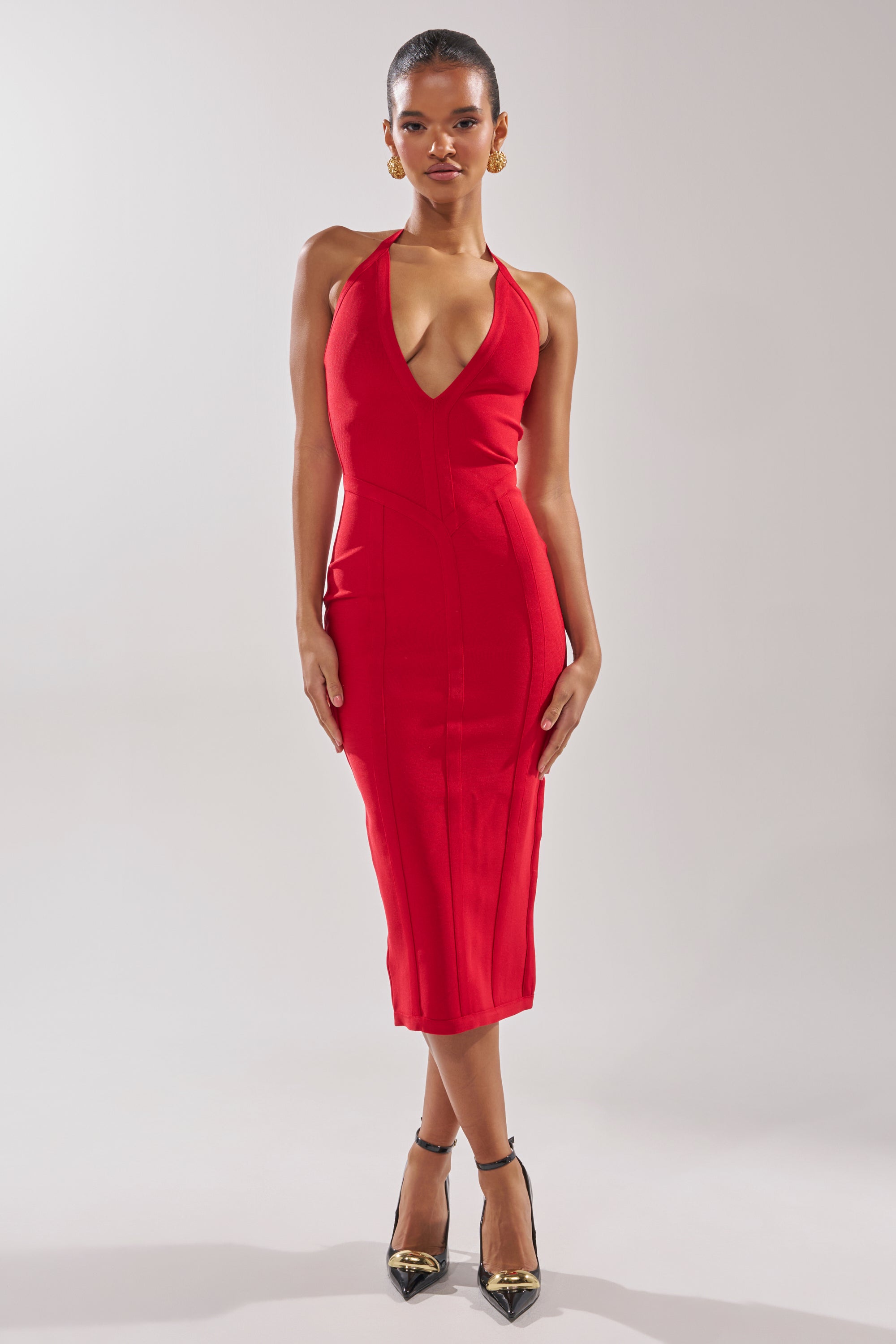 TIA BANDAGE MIDI DRESS IN RED – AKIRA