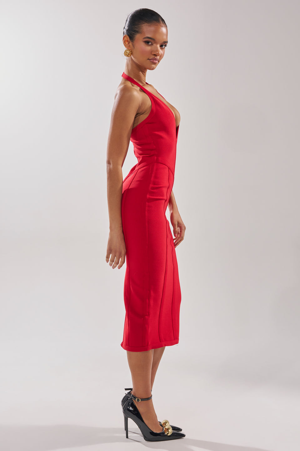 TIA BANDAGE MIDI DRESS IN RED – AKIRA