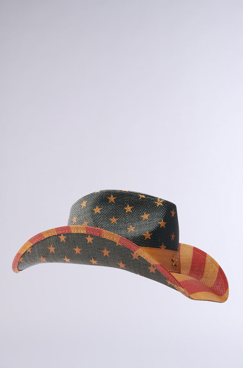 The AMERICAN DREAM COWBOY HAT features an American flag design with a blue crown and yellow stars, plus red and yellow stripes on the brim—ideal for celebrating the American Dream on a light gray background.