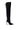 The MONTAGE BLACK STILETTO BOOT features sleek black thigh-highs with pointed toes and adjustable shaft openings. Their satin-like texture contrasts elegantly against a plain white background, highlighting their modern design.