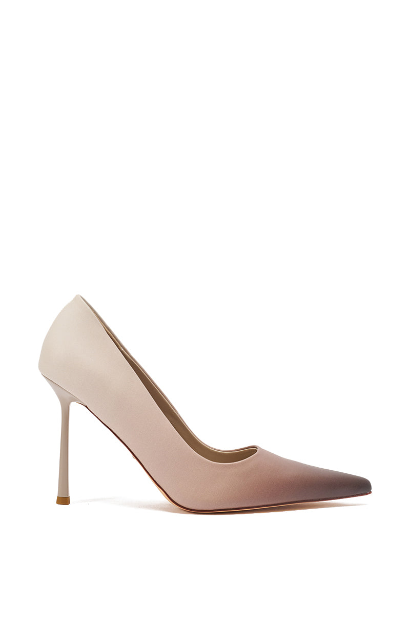 The AZALEA WANG BROWN OMBRE EFFECT STILETO PUMP is a pointed-toe, high-heeled faux leather shoe featuring a stiletto heel and an ombré design that fades from light beige at the heel to soft brown at the toe. 2