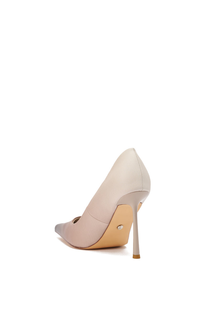 The AZALEA WANG BROWN OMBRE EFFECT STILETTO PUMP is shown from the back on a white background, highlighting its pointed toe and slim stiletto heel in a light brown ombre faux leather finish. 4