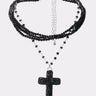 The DOLCE NECKLACE is a black multi-strand beaded gothic piece, featuring an adjustable silver clasp and a bold rhinestone cross pendant for ultimate vampiress style.