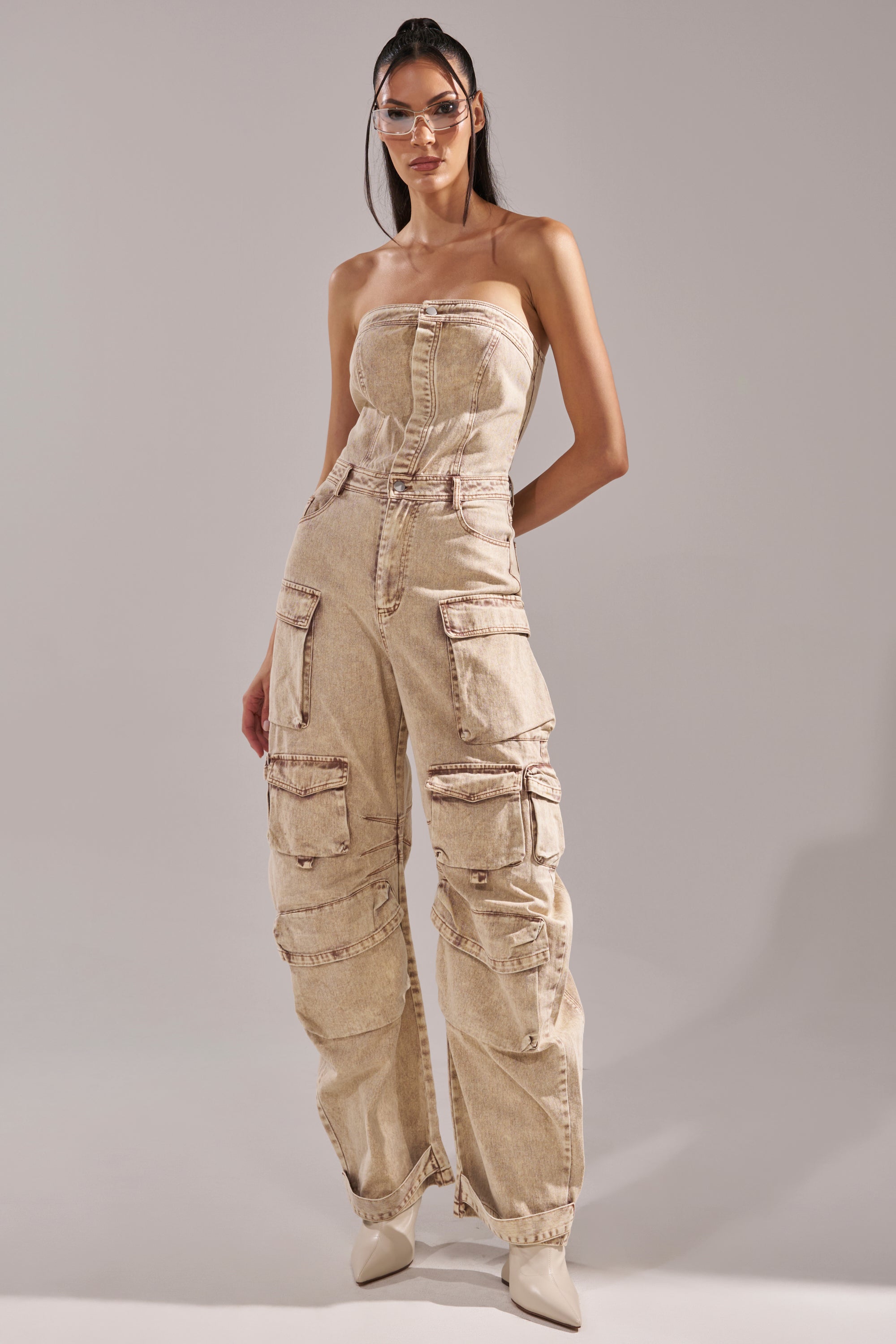 A woman in the JESSICA DENIM CARGO JUMPSUIT. 2