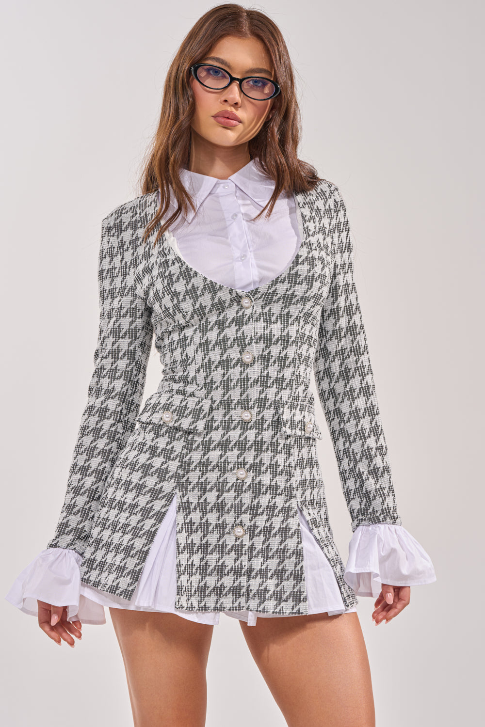 tweed long sleeve dress AKIRA Talia Tweed Long Sleeve Collared Dress | Black