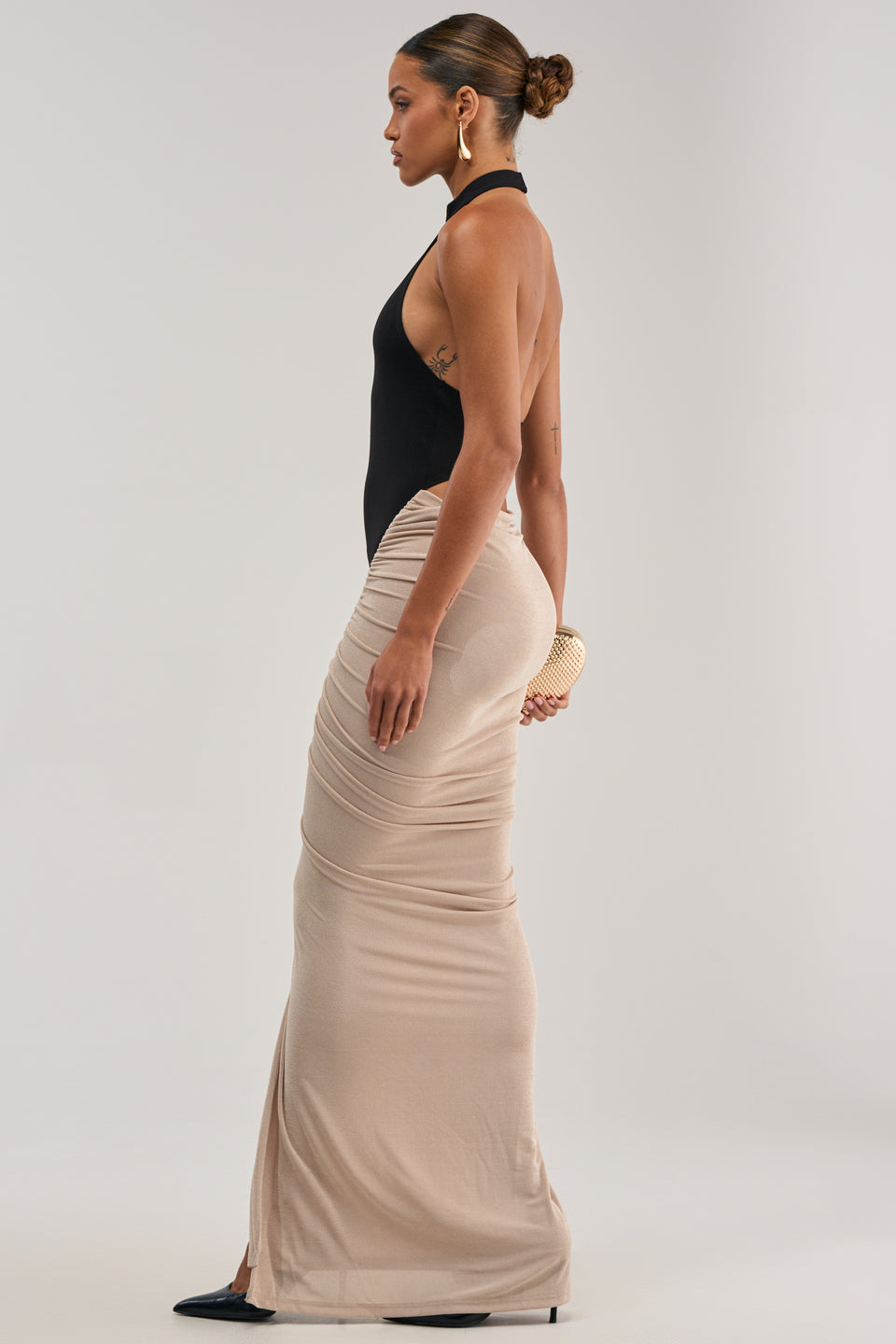 mock neck backless dress Damaris Dark Purple Mock Neck Backless Maxi Dress