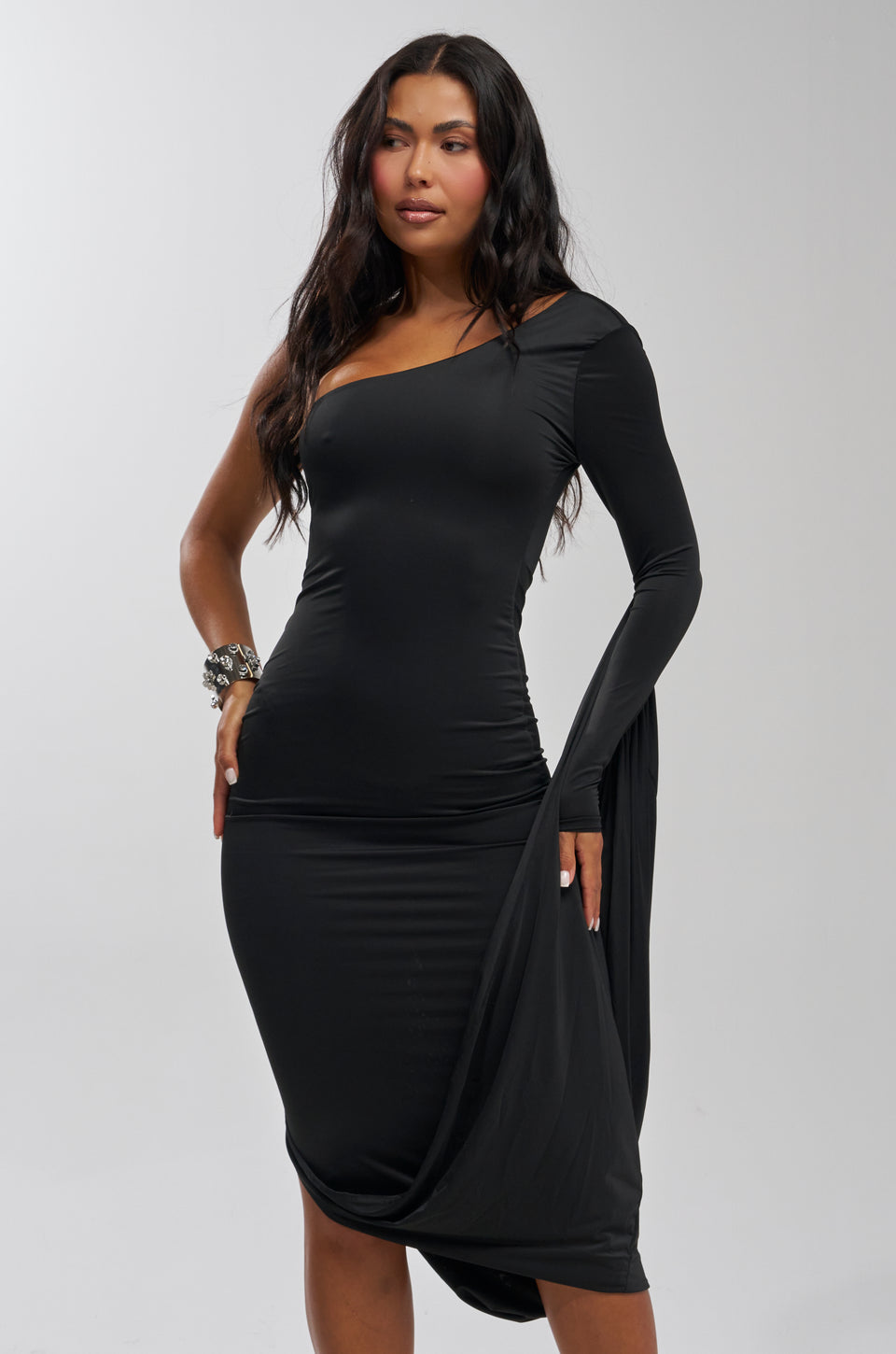 one shoulder long sleeve midi dress Corinna Modal One Shoulder Midi Dress - Black