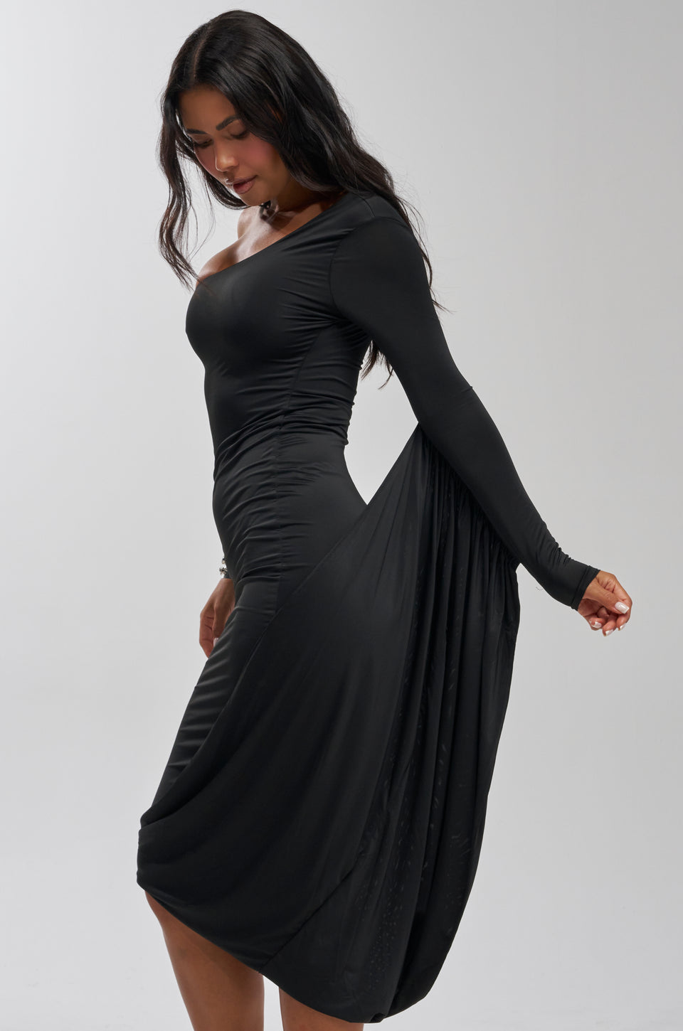 black one arm long sleeve dress one arm long sleeve black dress ASTR the Label
