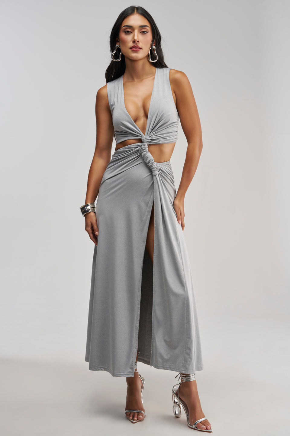 Heather Grey Jersey Maxi Dress, Plunge Neck