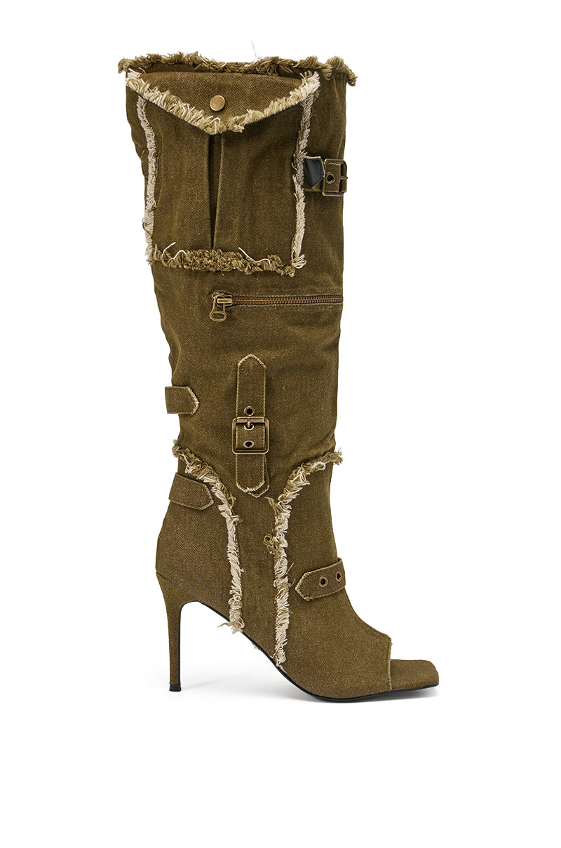 The AKIRA Gold Nadal Olive Canvas Open Toe Stiletto Bootie features frayed edges, multiple buckled straps, and rugged denim-like fabric for a bold, cargo-inspired look. 3