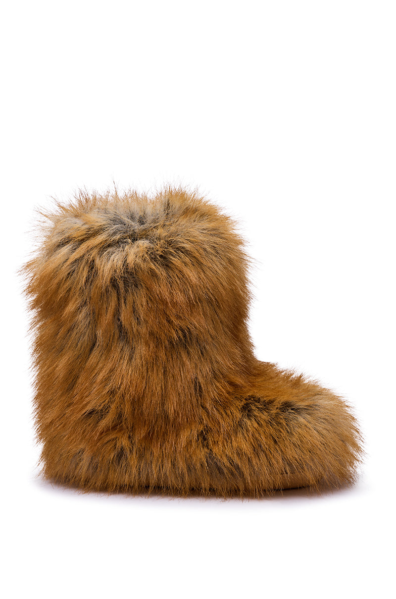 The AZALEA WANG NADIANNA TAN FLAT FUR BOOTIE is a single brown, fluffy faux fur bootie with thick faux fur covering the entire surface, shown in profile on a white background.