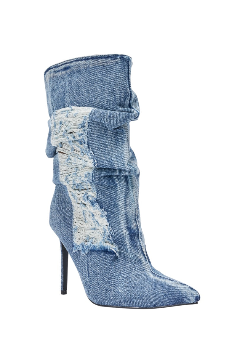 The AZALEA WANG NAELIA DENIM STILETTO BOOTIE features light blue distressed denim, a pointed toe, stiletto heel, slouchy shaft, and frayed side detailing—perfect for adding edge to any streetwear boots collection. 4