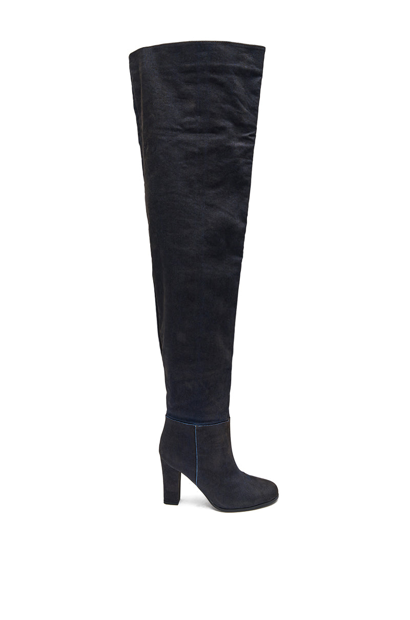 The AZALEA WANG NANETTE Black Denim Slouchy Boot features a black, over-the-knee design with a round toe and chunky heel, displayed on a white background.