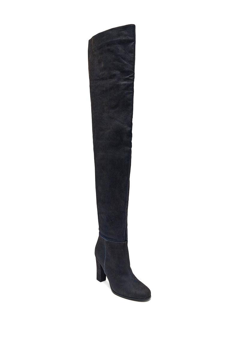 The AZALEA WANG NANETTE Black Denim Slouchy Boot features a black round toe and chunky heel, standing upright against a white background.