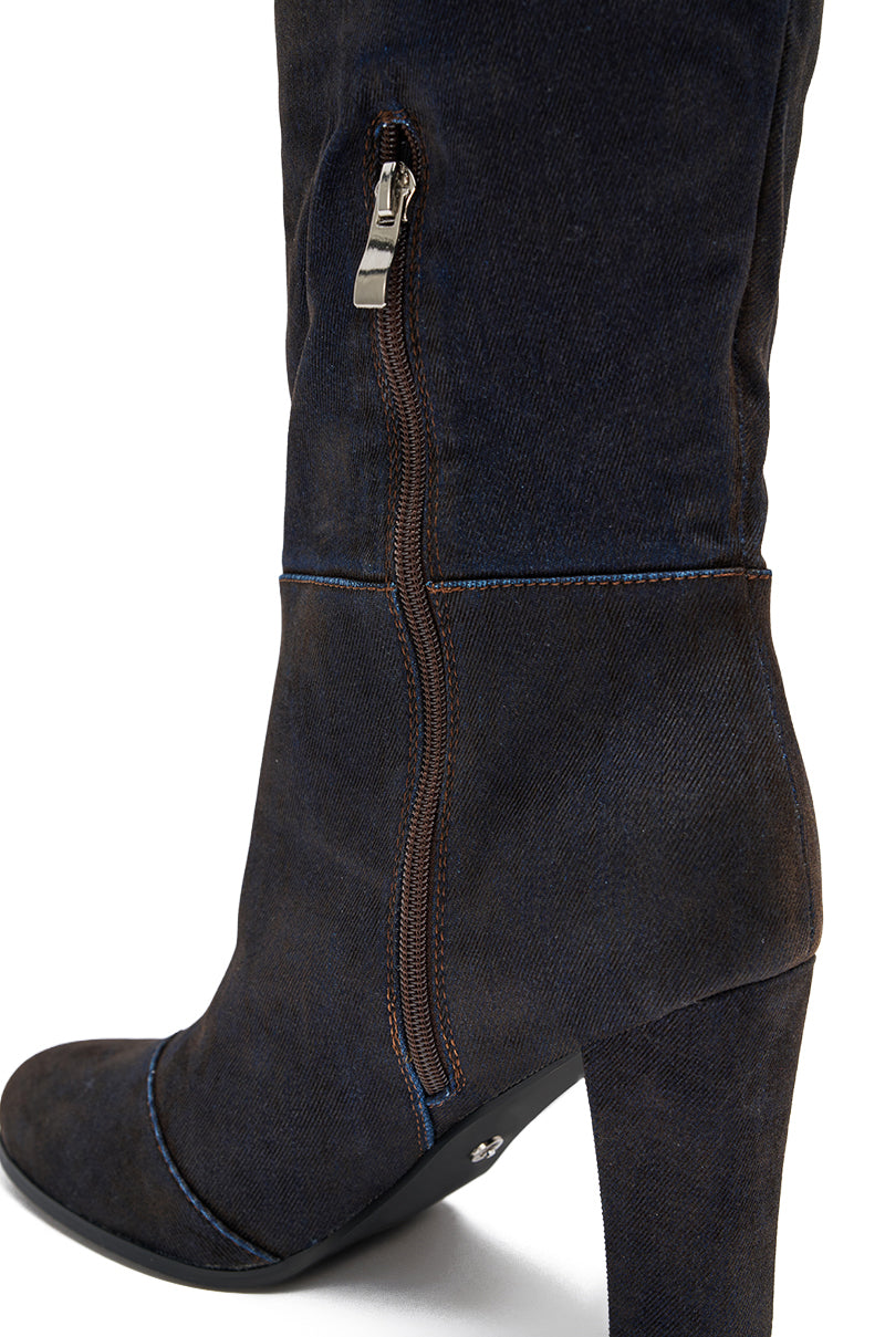 Close-up of the AZALEA WANG NANETTE Black Denim Slouchy Boot, featuring a round toe, chunky heel, side zipper, visible stitching, and black denim material.