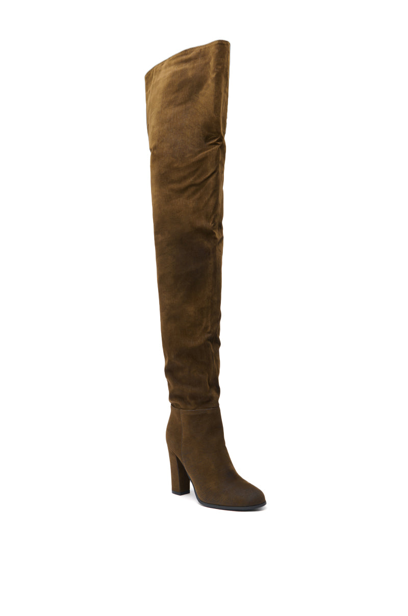 The AZALEA WANG NANETTE Brown Faux Suede Round Toe Slouchy Boot, featuring a high block heel, is shown against a white background.