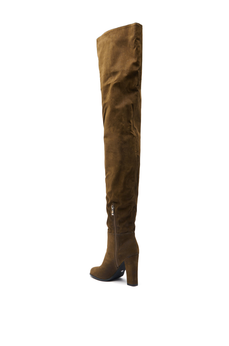 Side view of the AZALEA WANG NANETTE brown faux suede slouchy thigh-high boot with inner zipper and round toe, shown against a white background.