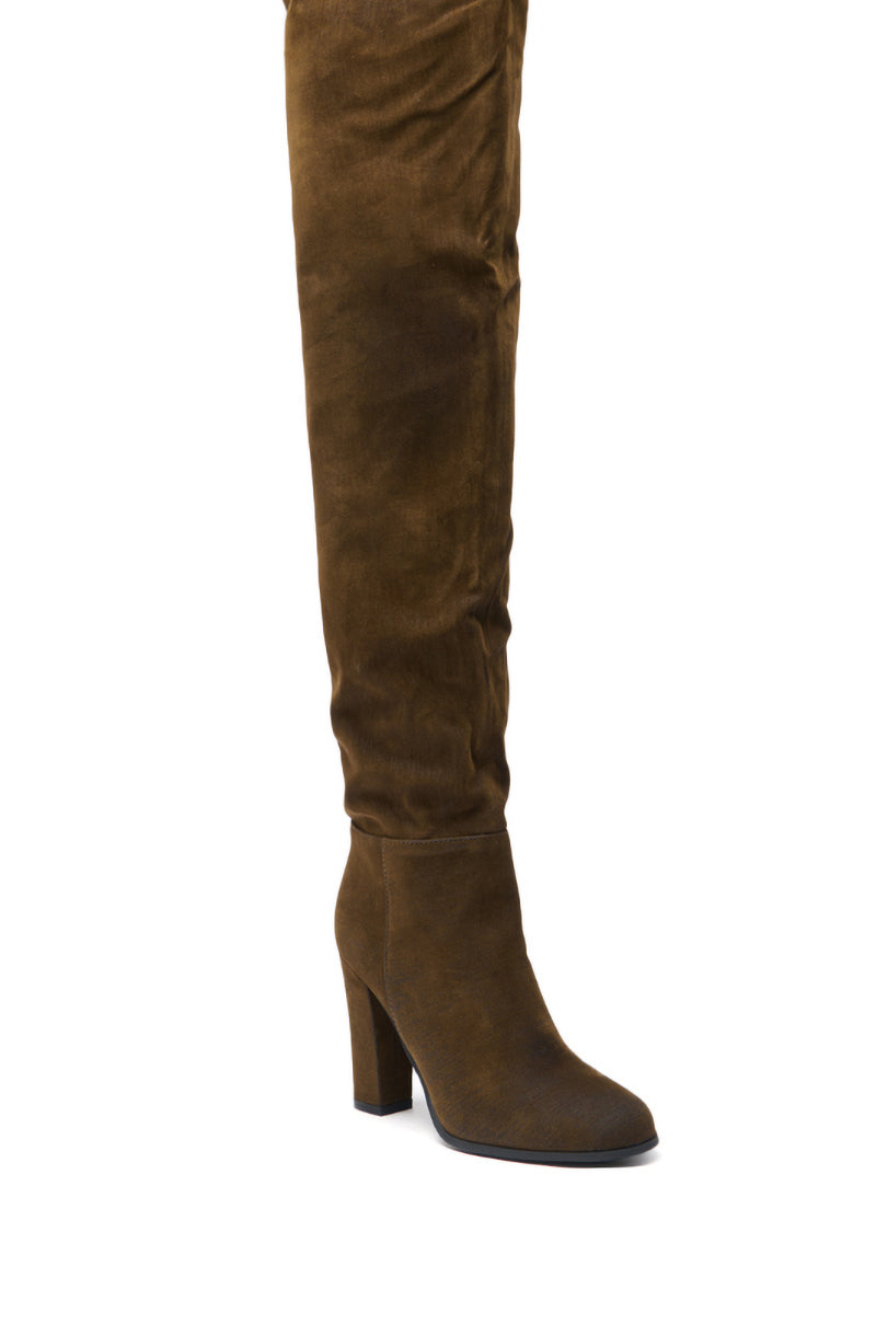 The AZALEA WANG NANETTE Brown Faux Suede Round Toe Slouchy Boot features a chunky high heel, shown here against a white background.
