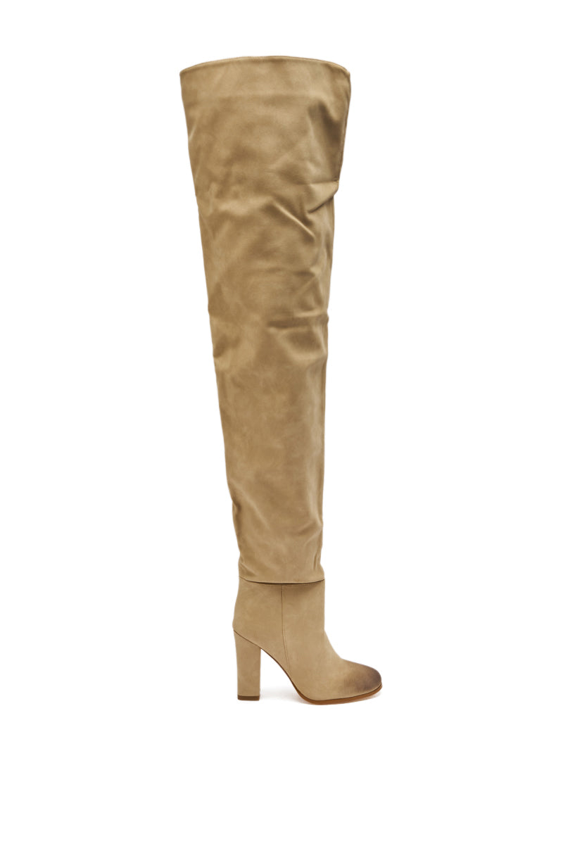 The AZALEA WANG NANETTE Taupe Slouchy Boot features tan faux suede and a high chunky heel.