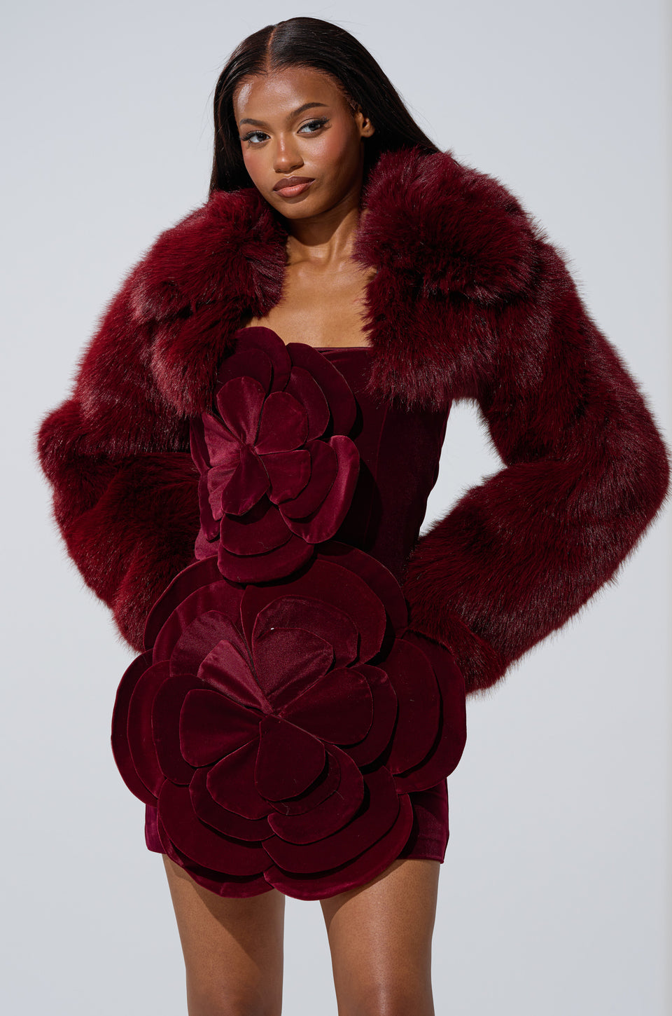 LEILA ULTRA CROP FAUX FUR IN BURGUNDY – AKIRA