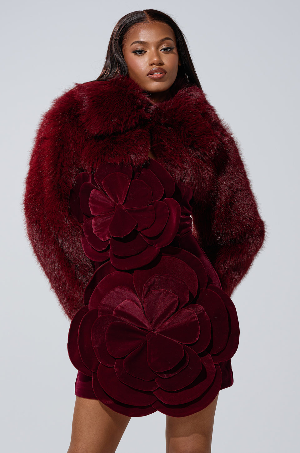 LEILA ULTRA CROP FAUX FUR IN BURGUNDY – AKIRA
