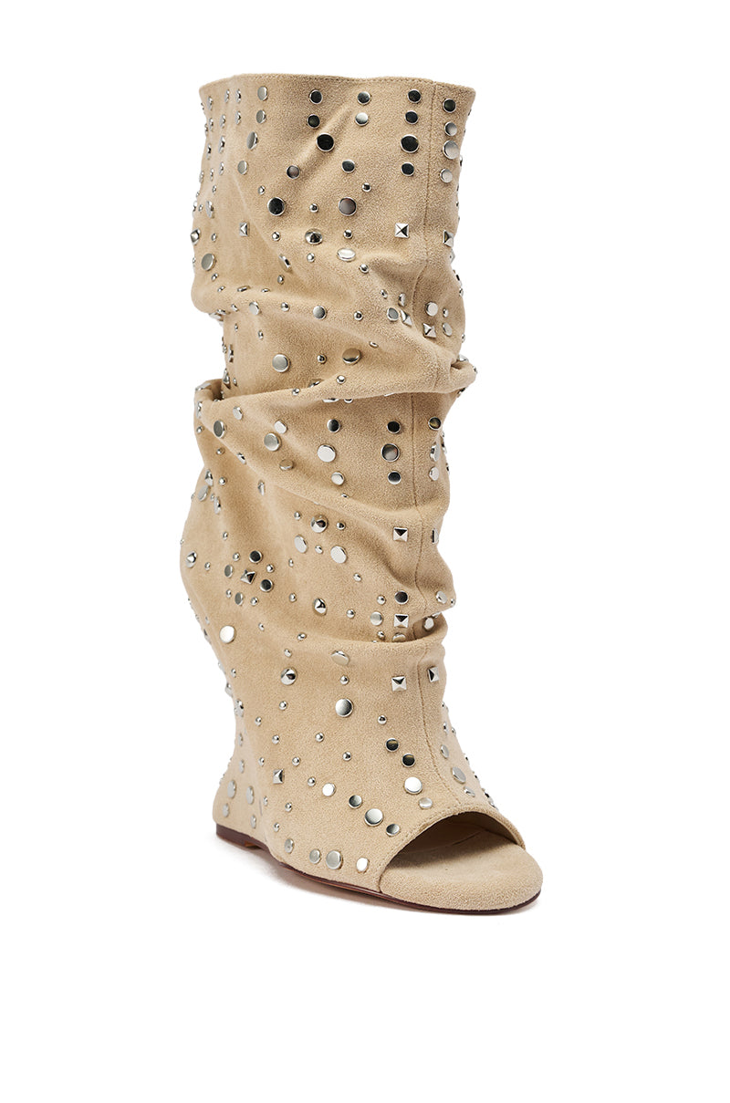 The AZALEA WANG NAOMANI Faux Suede Beige Studded Open Toe Heel features silver studs, a slouchy design, and mid-calf height. 6